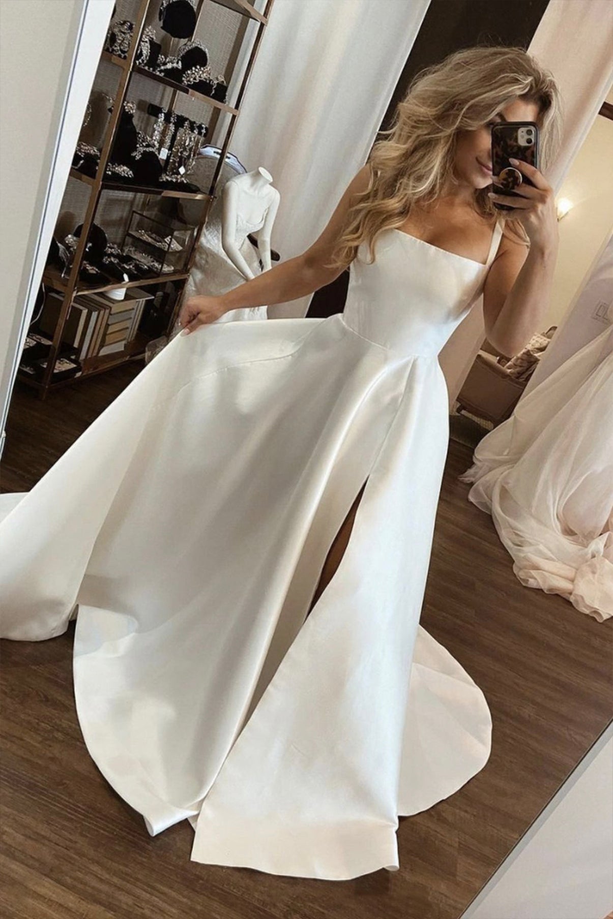 White Satin Long A-Line Prom Dress, Simple A-Line Evening Dress with Slit