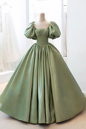 Green Satin Puff Sleeves Long Prom Dress, Green A-Line Formal Dress