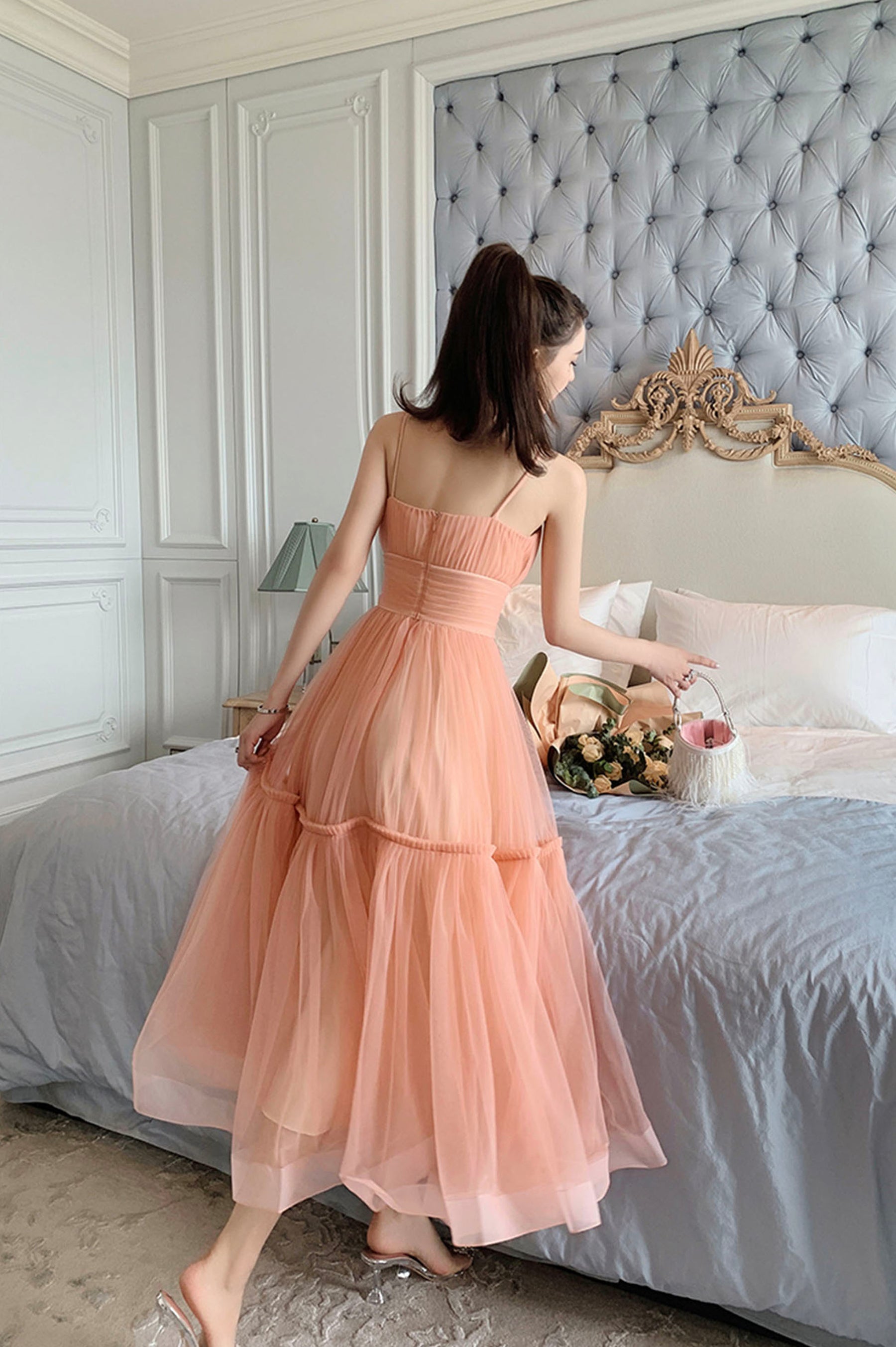 Pink Tulle Short A-Line Prom Dress, Lovely Spaghetti Straps Homecoming Party Dress US 14 / Picture Color