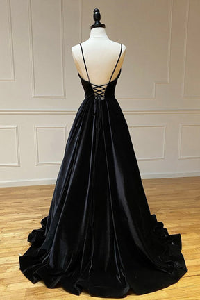Black Velvet Long A-Line Prom Dress, V-Neck Backless Evening Formal Dress