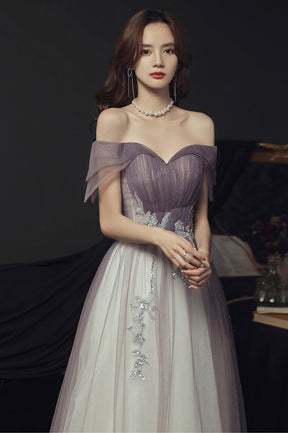 Purple Tulle Long A-Line Prom Dress, Off the Shoulder Evening Graduation Dress
