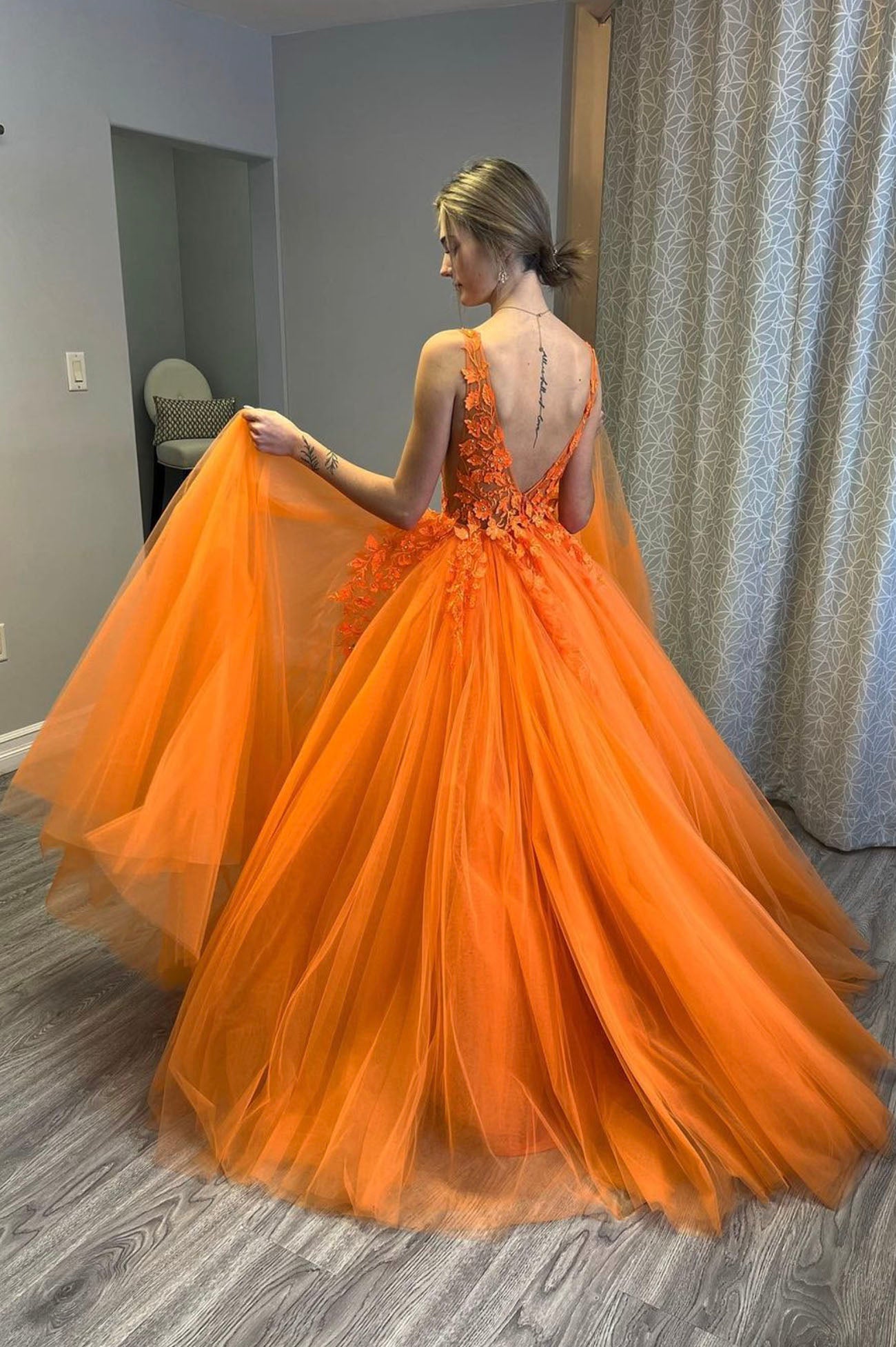 Orange V-Neck Tulle Lace Long Prom Dress, A-Line Backless Evening Dres Orange V-Neck Tulle Lace Long Prom Dress, A-Line Backless Evening Dres