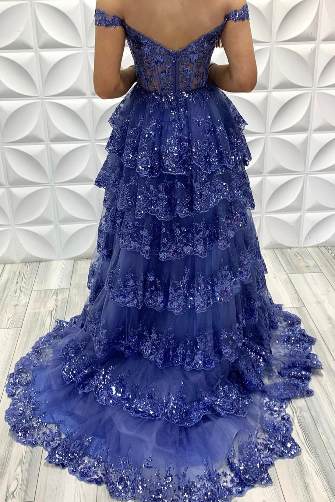 Blue Spaghetti Straps V-Neck Prom Dress with Lace, Blue Evening Dress