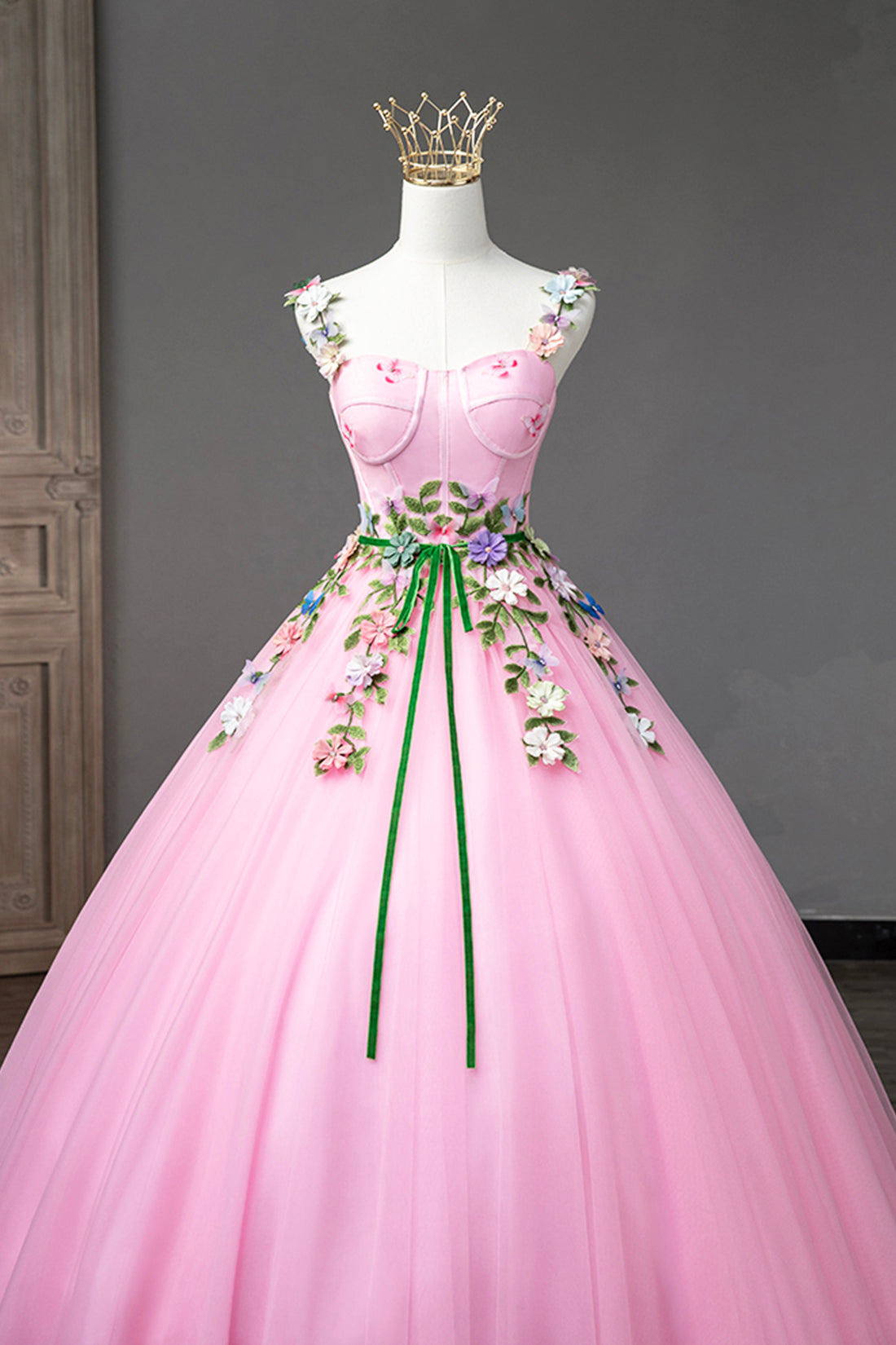 Pink Tulle Flower Long Prom Dresses, Cute Spaghetti Sweet 16 Dresses