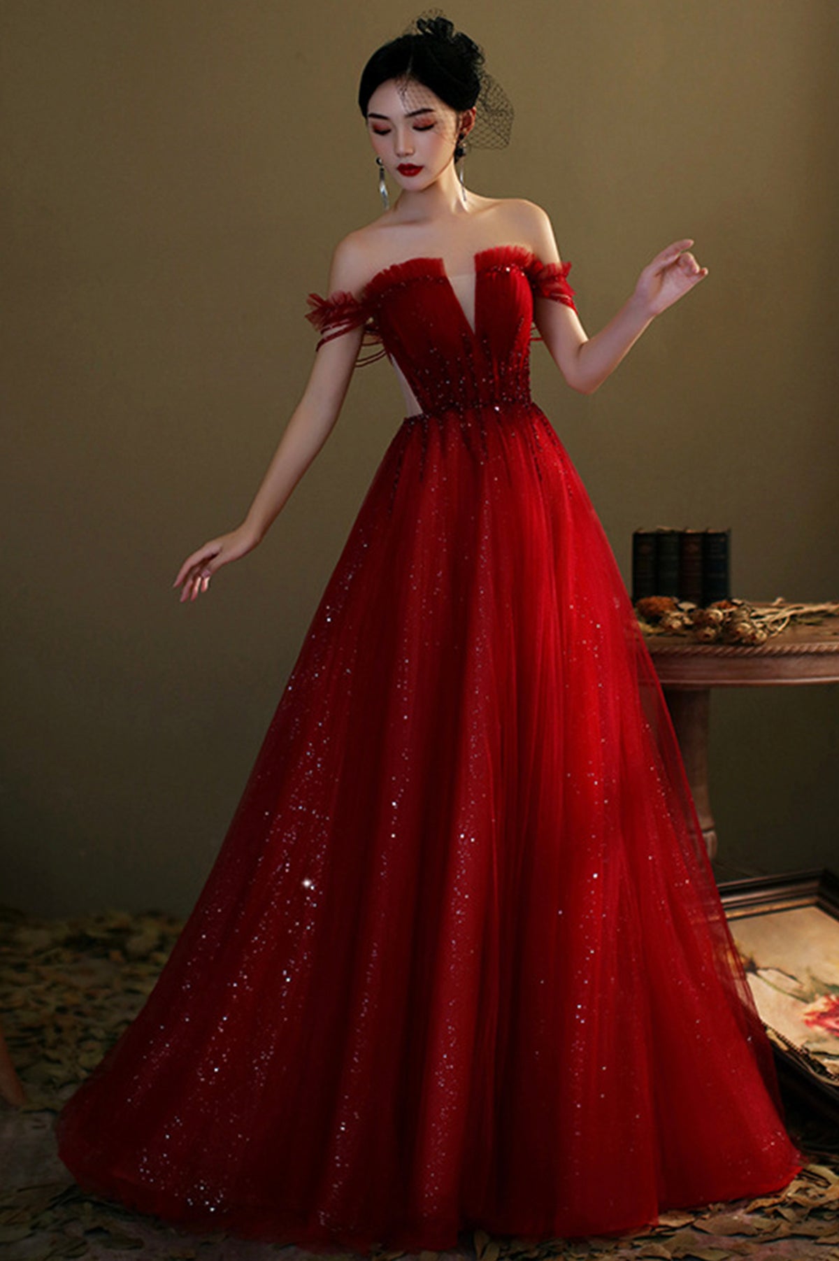 Red Tulle Beaded Long Prom Dress, A-Line Off the Shoulder Evening Dress
