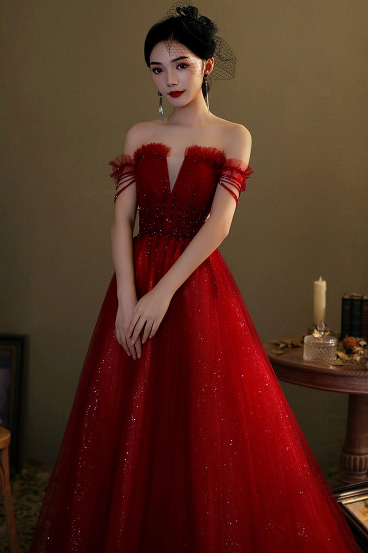 Red Tulle Beaded Long Prom Dress, A-Line Off the Shoulder Evening Dress