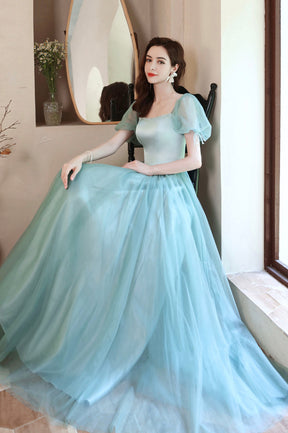 A-Line Satin Tulle Long Prom Dress, Green Short Sleeve Evening Party Dress