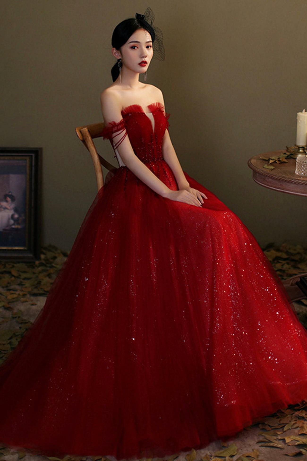 Long Sleeves Beaded Evening Dresses Party Elegant Gowns Red Tulle Ball Gown  Women Fashion A Line Flo on Luulla