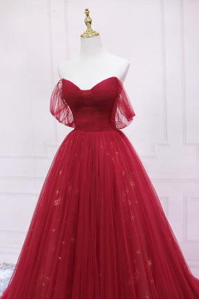 Red Tulle Long A-Line Prom Dress, Off the Shoulder Formal Evening Dress