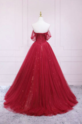 Red Tulle Long A-Line Prom Dress, Off the Shoulder Formal Evening Dress