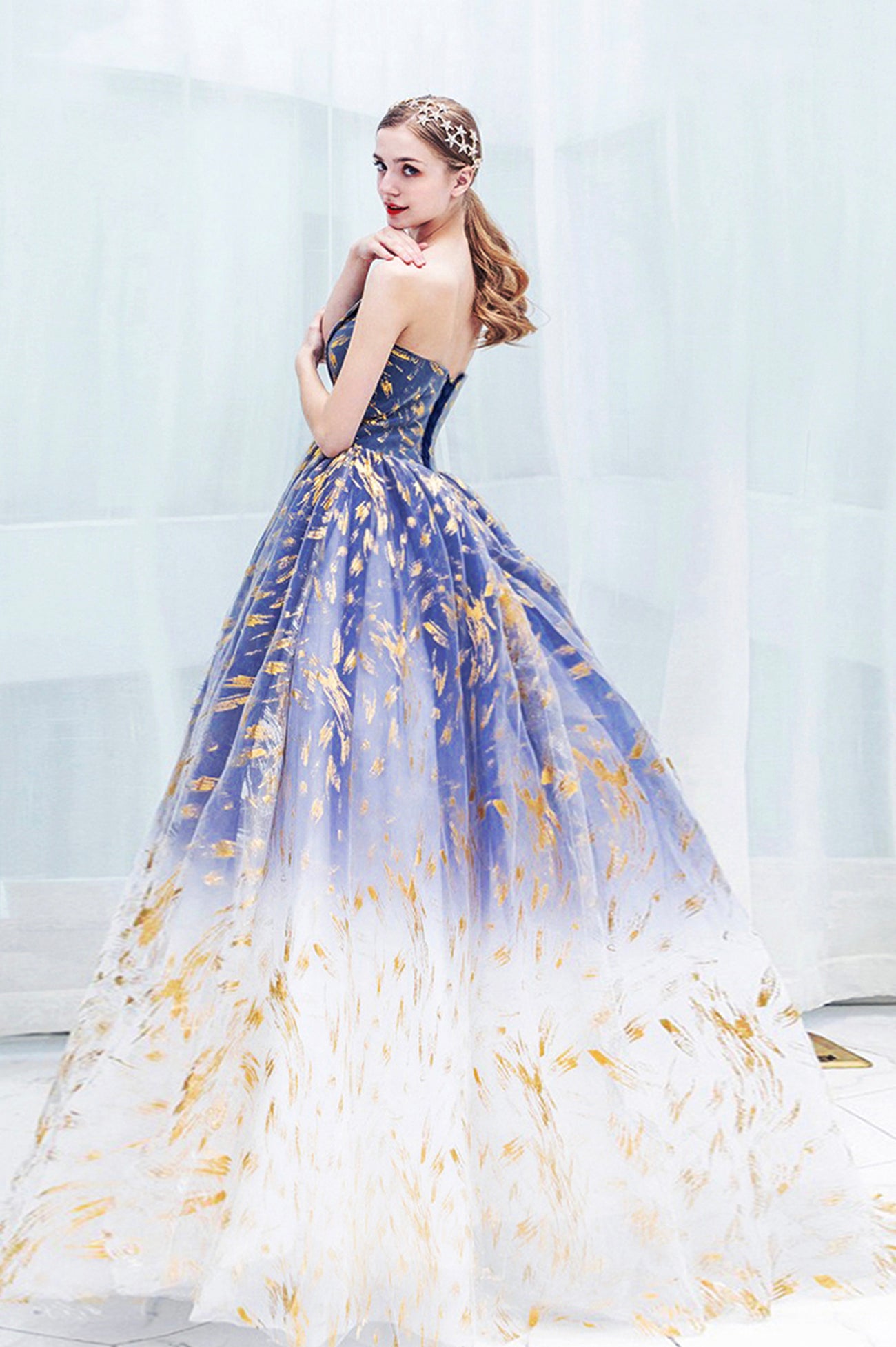 Blue Gradient Tulle Long A-Line Prom Dress, Blue Strapless Evening Party Dress