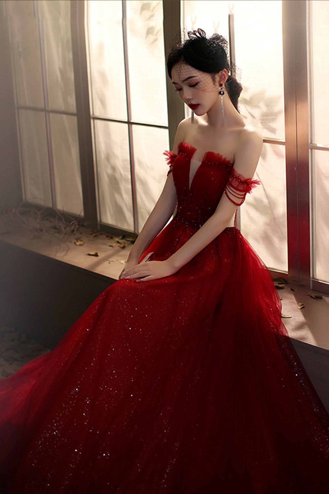 Red Tulle Beaded Long Prom Dress, A-Line Off the Shoulder Evening Dres Red Tulle Beaded Long Prom Dress, A-Line Off the Shoulder Evening Dres