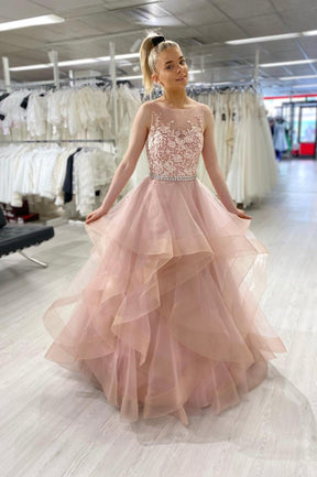 Pink Lace Long A-Line Prom Dress, Pink Scoop Neckline Evening Party Dress