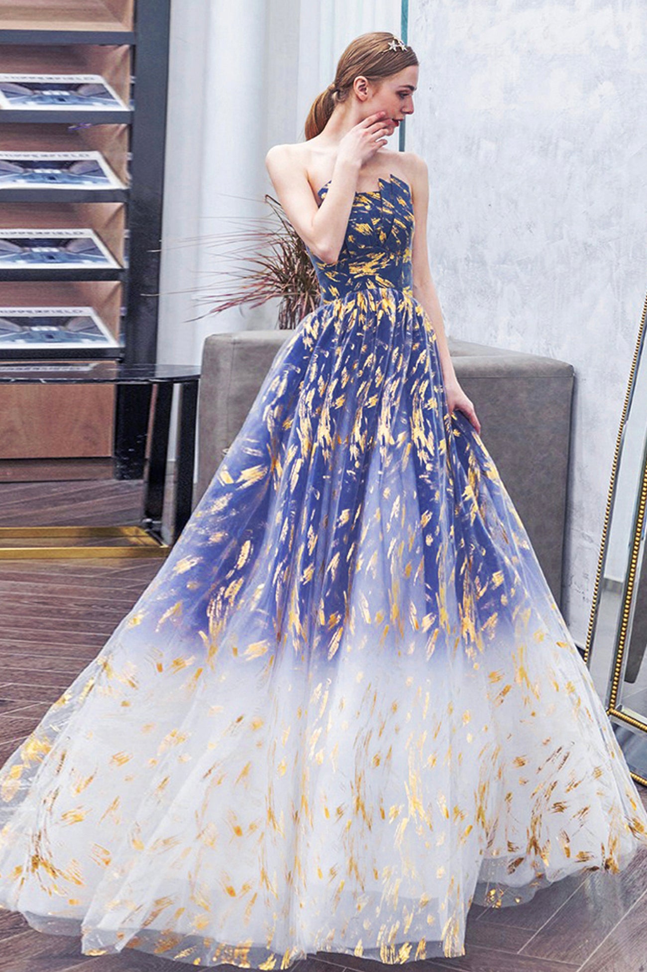 Blue Gradient Tulle Long A-Line Prom Dress, Blue Strapless Evening Par Blue Gradient Tulle Long A-Line Prom Dress, Blue Strapless Evening Par