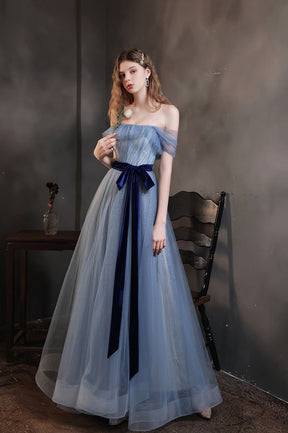 Blue Tulle Long A-Line Prom Dress, Cute Off the Shoulder Evening Graduation Dress