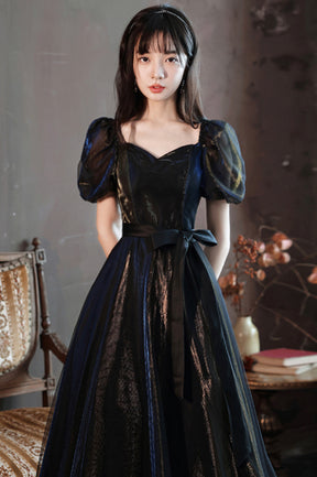 Black A-Line Tulle Long Prom Dress, Black Short Sleeve Evening Dress