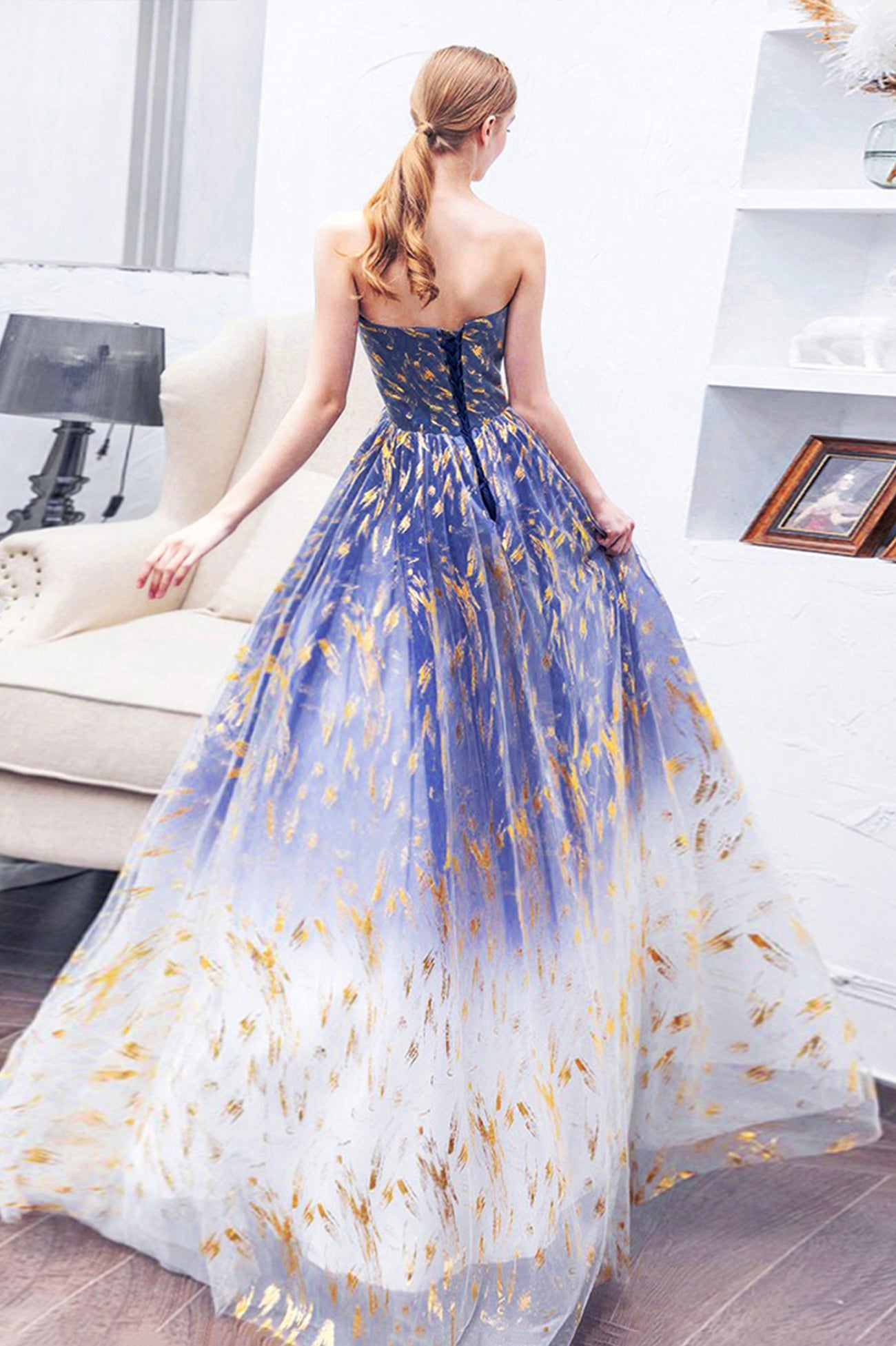 Blue Gradient Tulle Long A-Line Prom Dress, Blue Strapless Evening Par Blue Gradient Tulle Long A-Line Prom Dress, Blue Strapless Evening Par