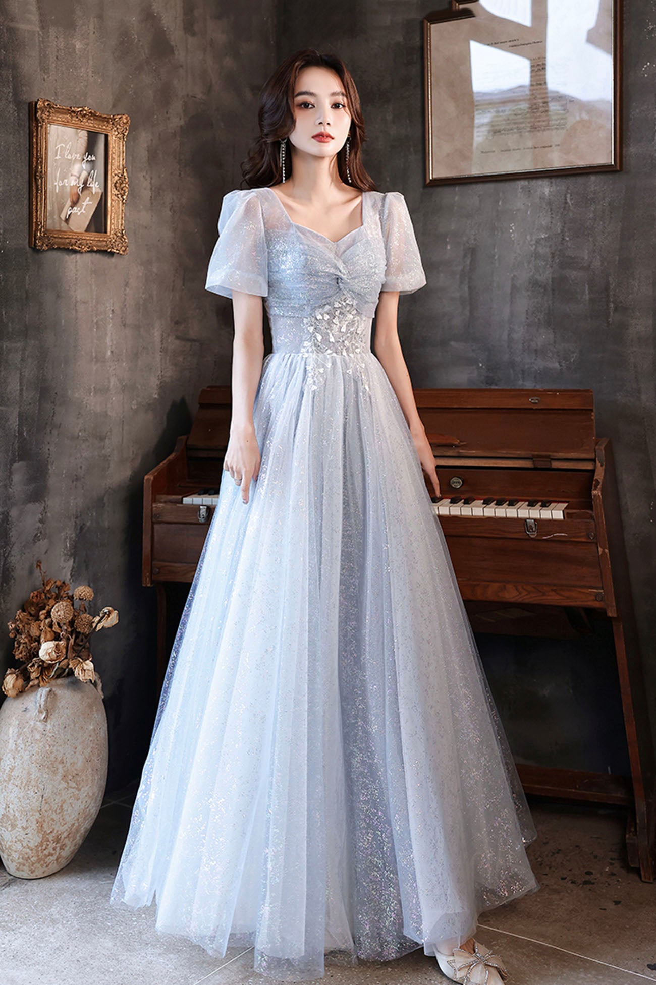 Blue Shiny Tulle Long A-Line Prom Dress, Blue Short Sleeve Evening Dre