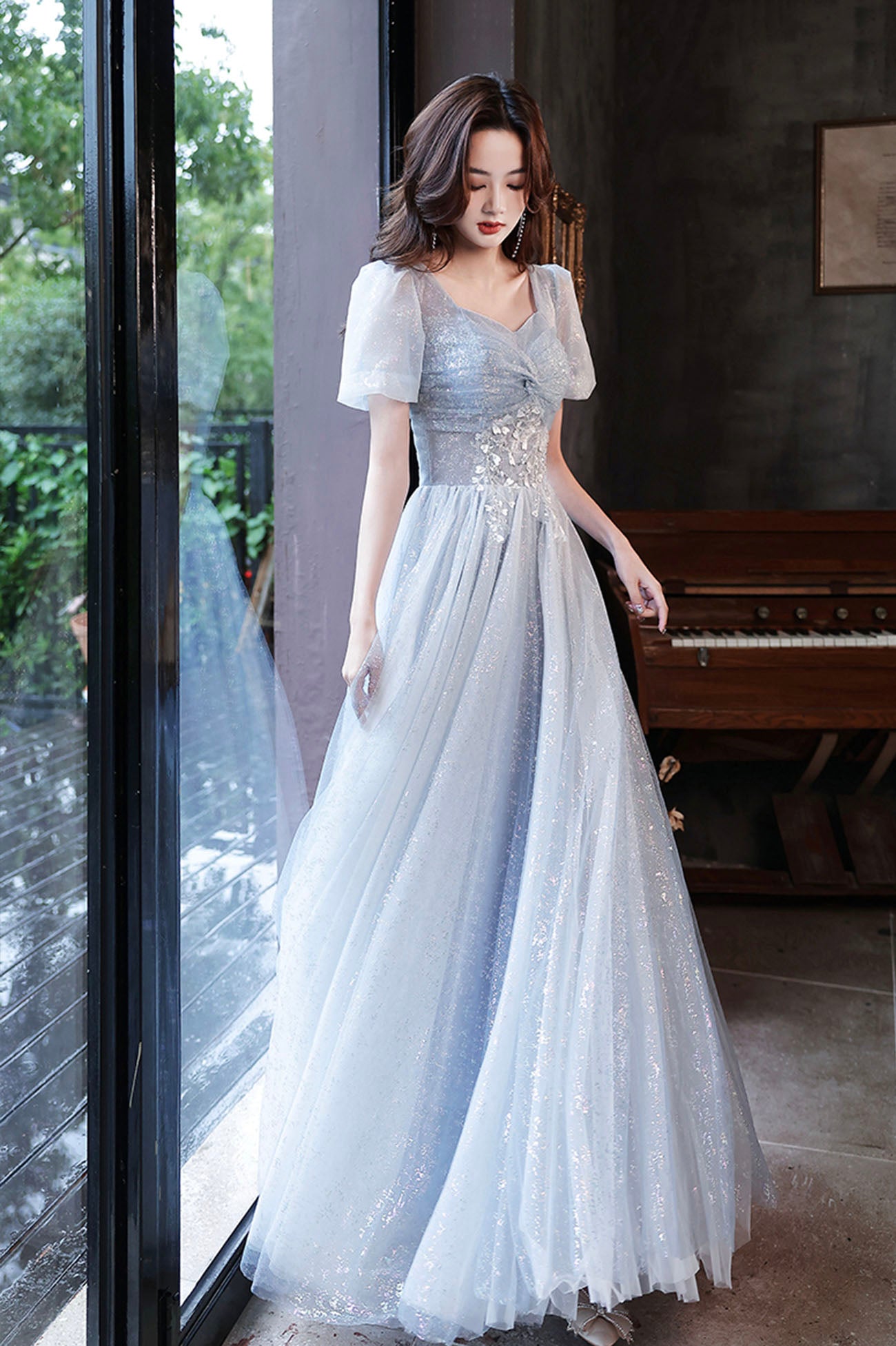 Blue Shiny Tulle Long A-Line Prom Dress, Blue Short Sleeve Evening Dress