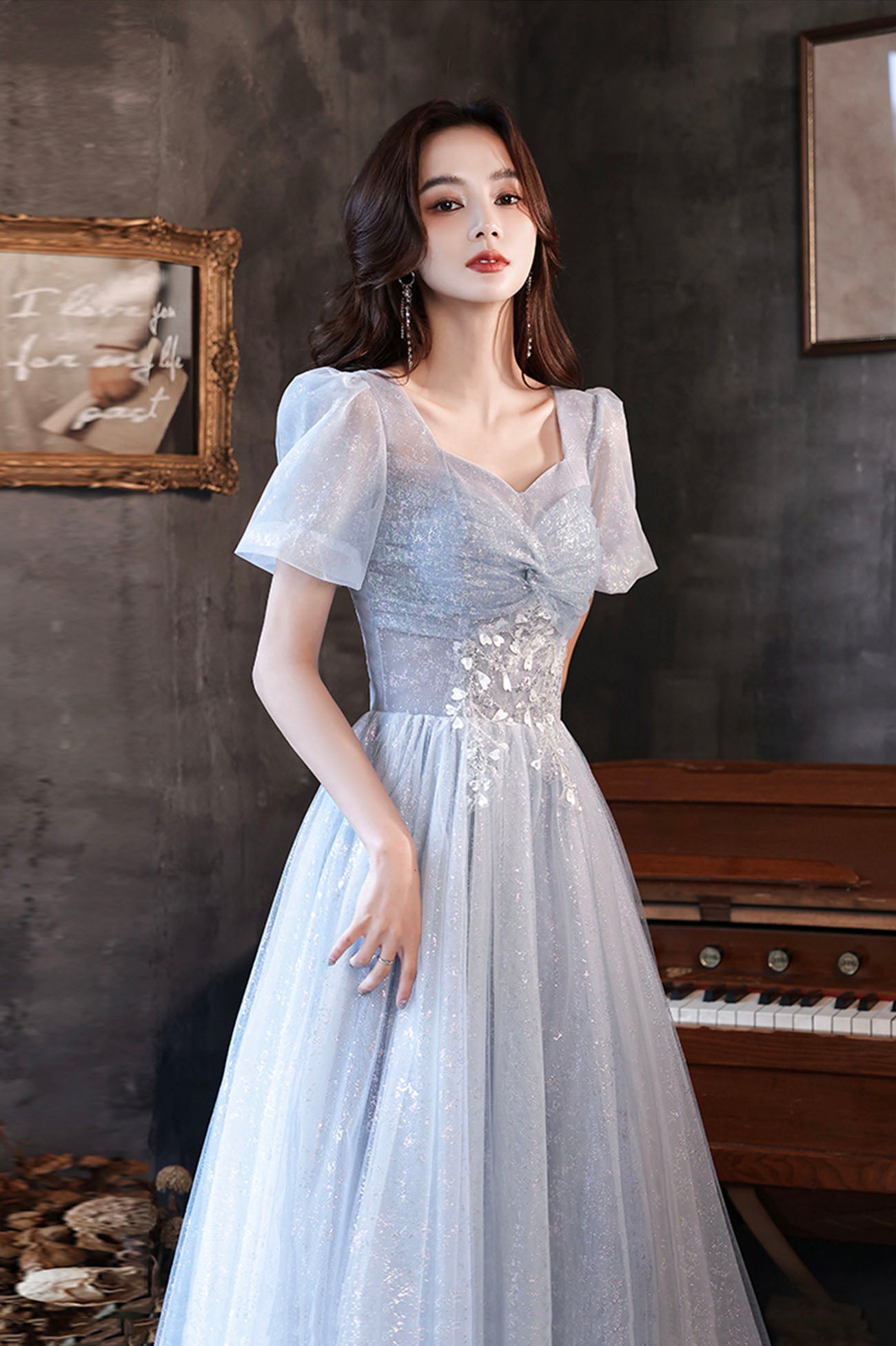 Blue Shiny Tulle Long A-Line Prom Dress, Blue Short Sleeve Evening Dress