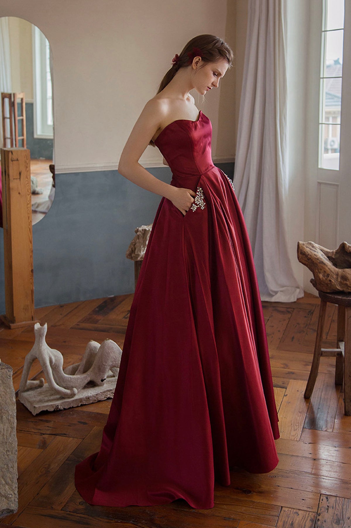Burgundy Strapless Satin Long Prom Dress, A-Line Evening Graduation Dress