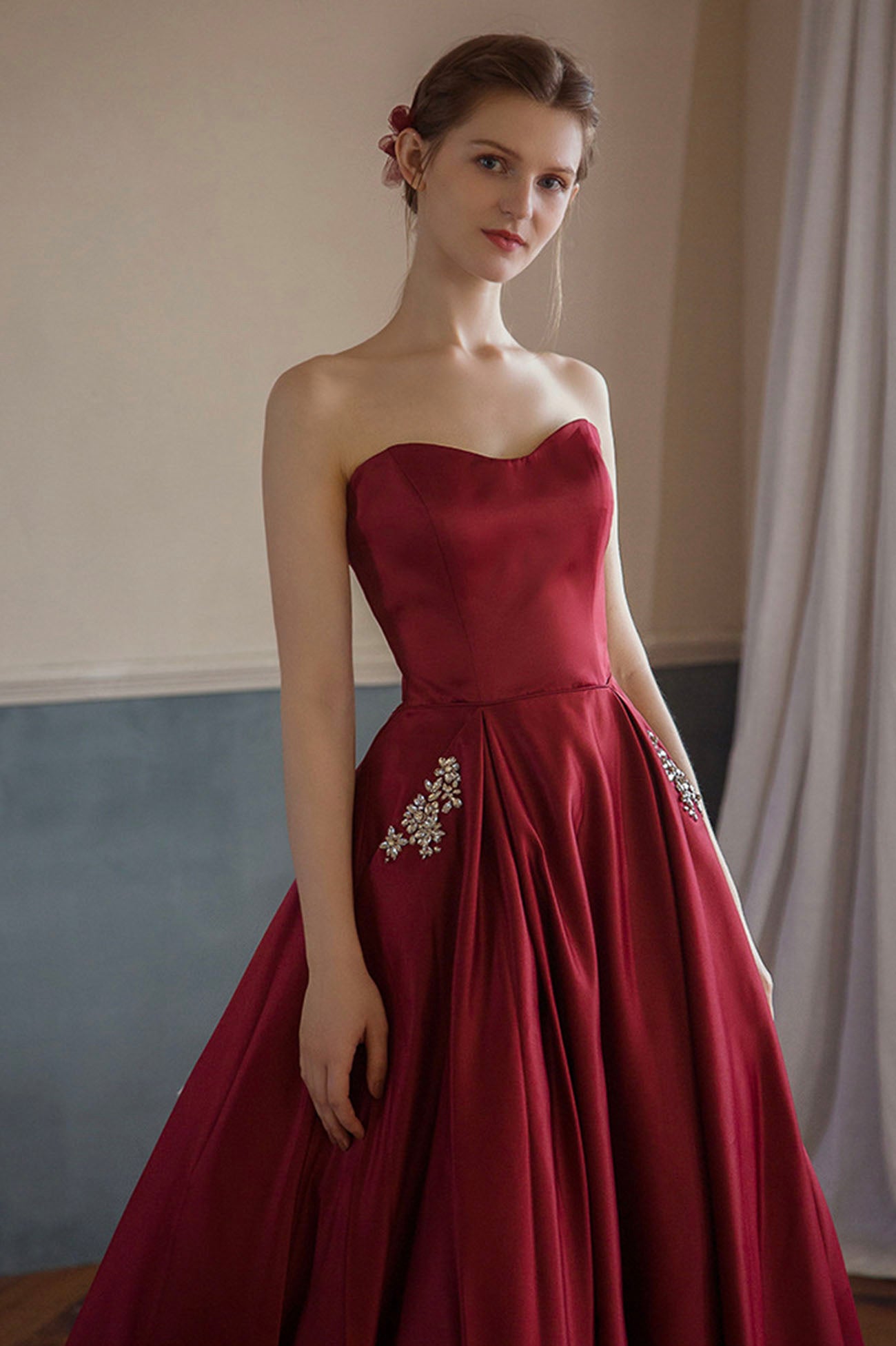 Burgundy Strapless Satin Long Prom Dress, A-Line Evening Graduation Dr Burgundy Strapless Satin Long Prom Dress, A-Line Evening Graduation Dr