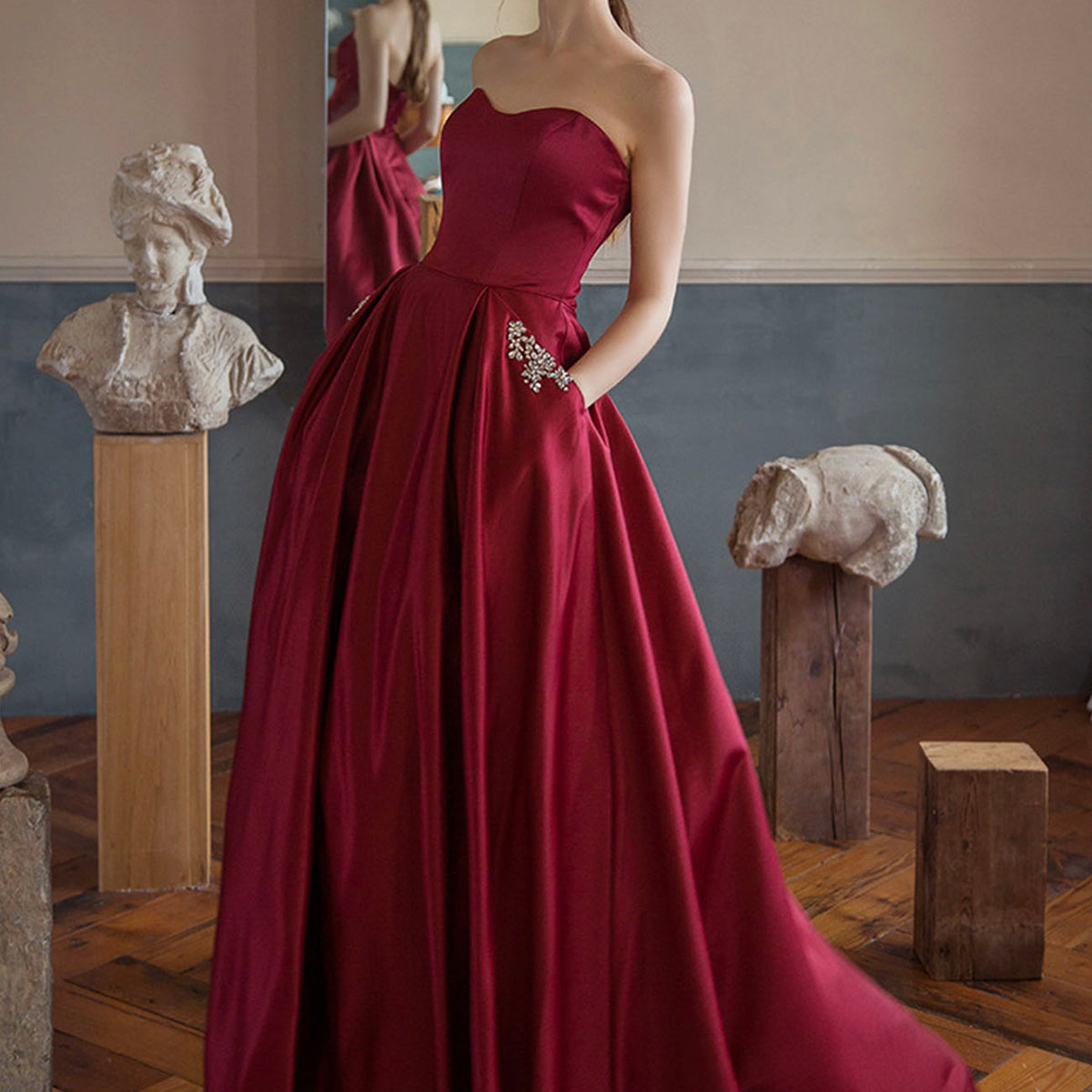 Strapless Red Satin Layered Long Prom Dress with Belt, Long Red Formal  Graduation Evening Dress A1413