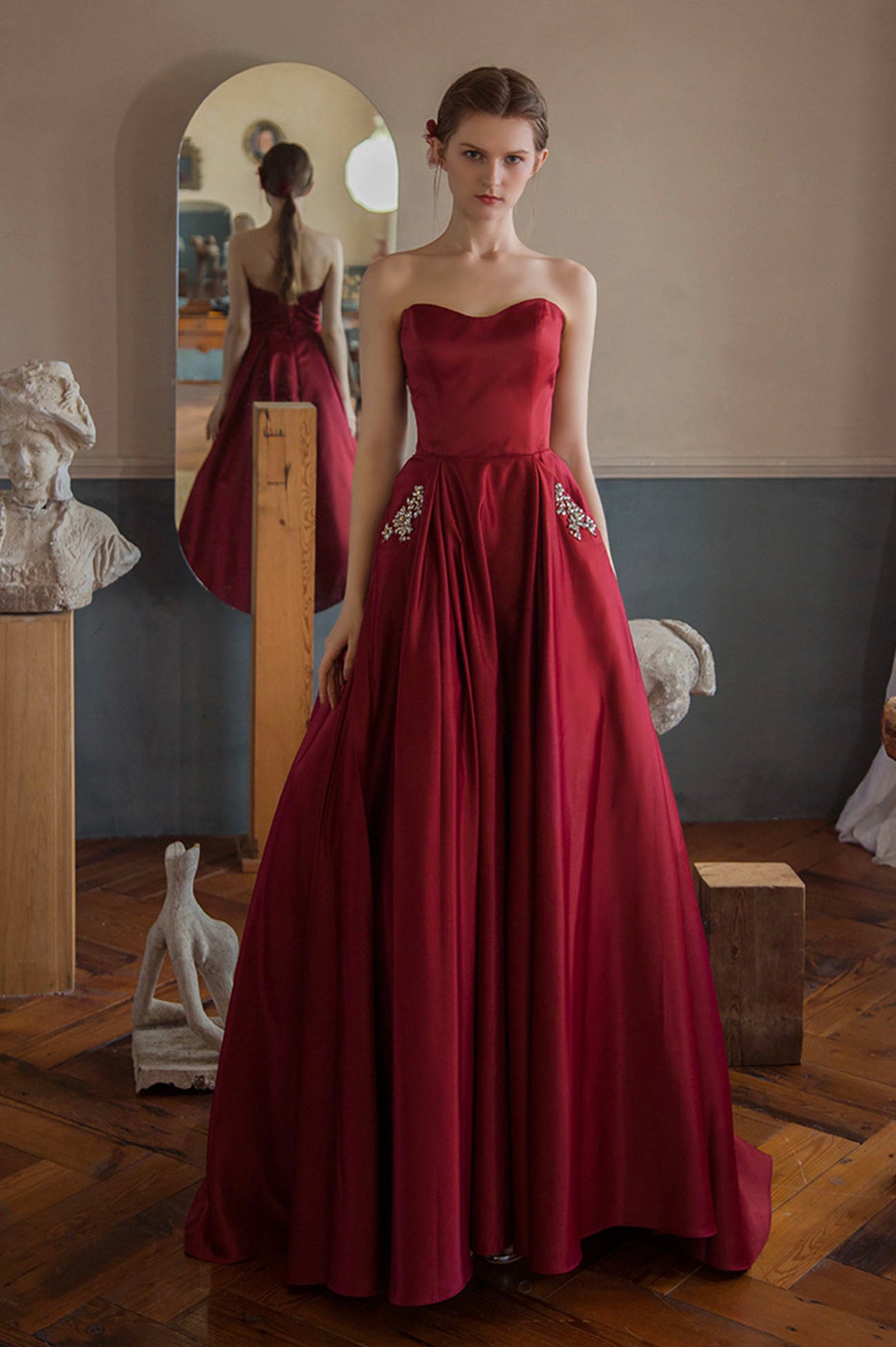 strapless graduation dress Burgundy Strapless Satin Long Prom Dress, A-Line Evening Graduation Dr