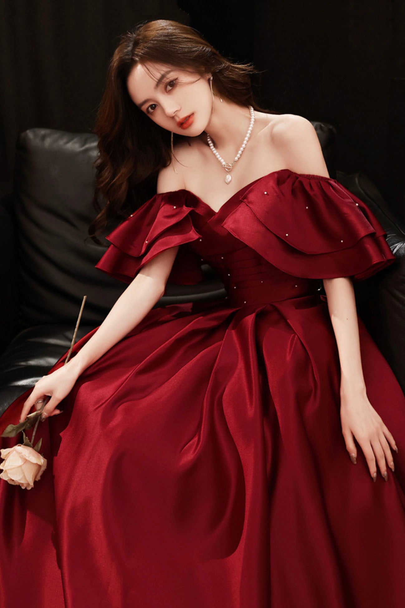 burgundy dresses for graduation Burgundy Satin Long A-Line Prom Dress, Off the Shoulder Graduation Dre