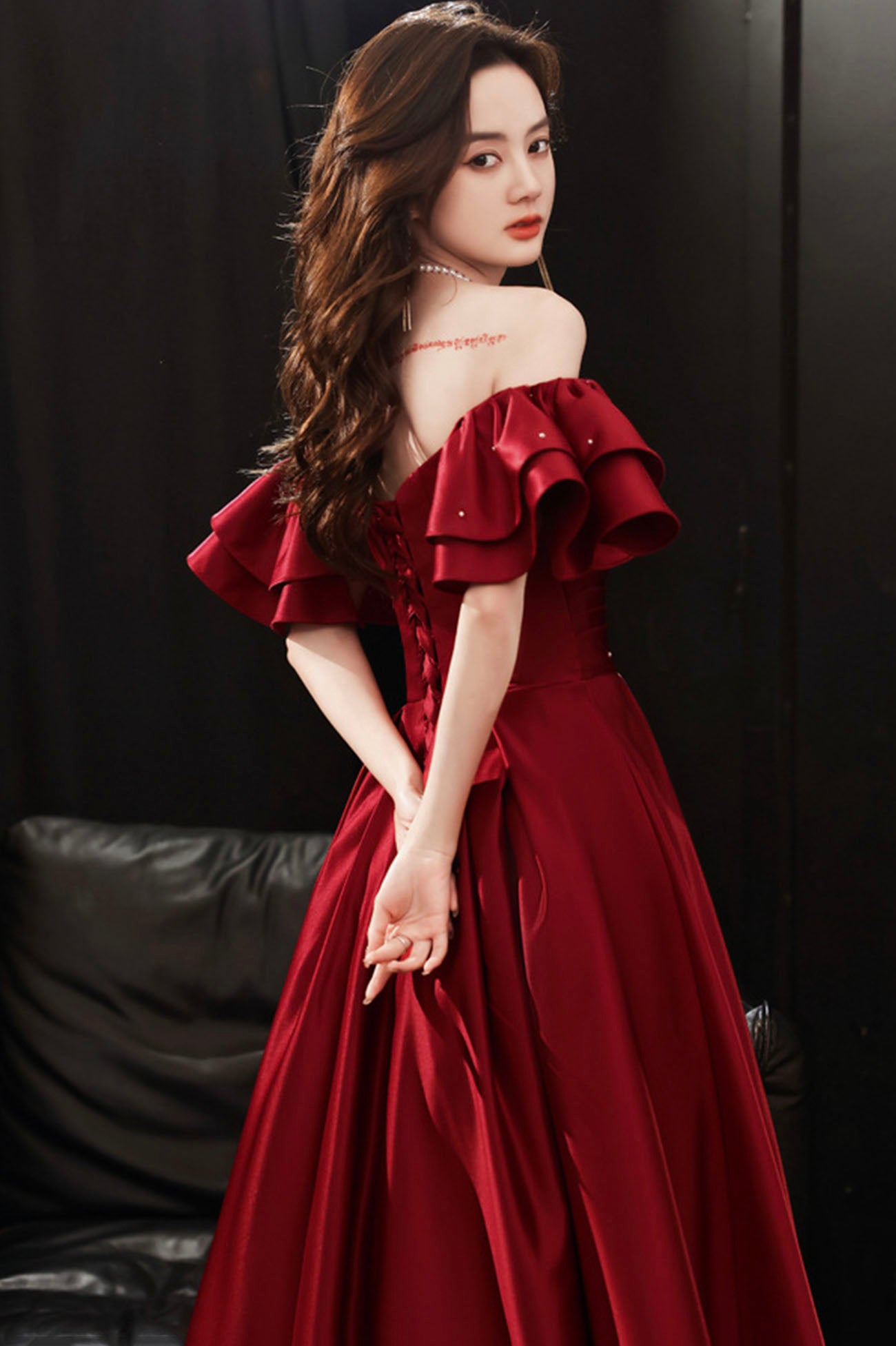 Burgundy Satin Long A-Line Prom Dress, Off the Shoulder Graduation Dre Burgundy Satin Long A-Line Prom Dress, Off the Shoulder Graduation Dre