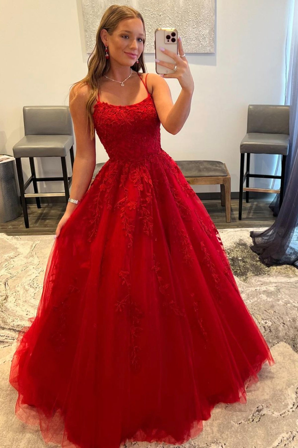 Red Tulle Long Prom Dress with Lace, A-Line Backless Evening Graduation Dress