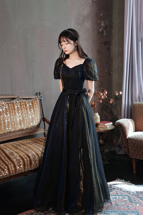 Black A-Line Tulle Long Prom Dress, Black Short Sleeve Evening Dress
