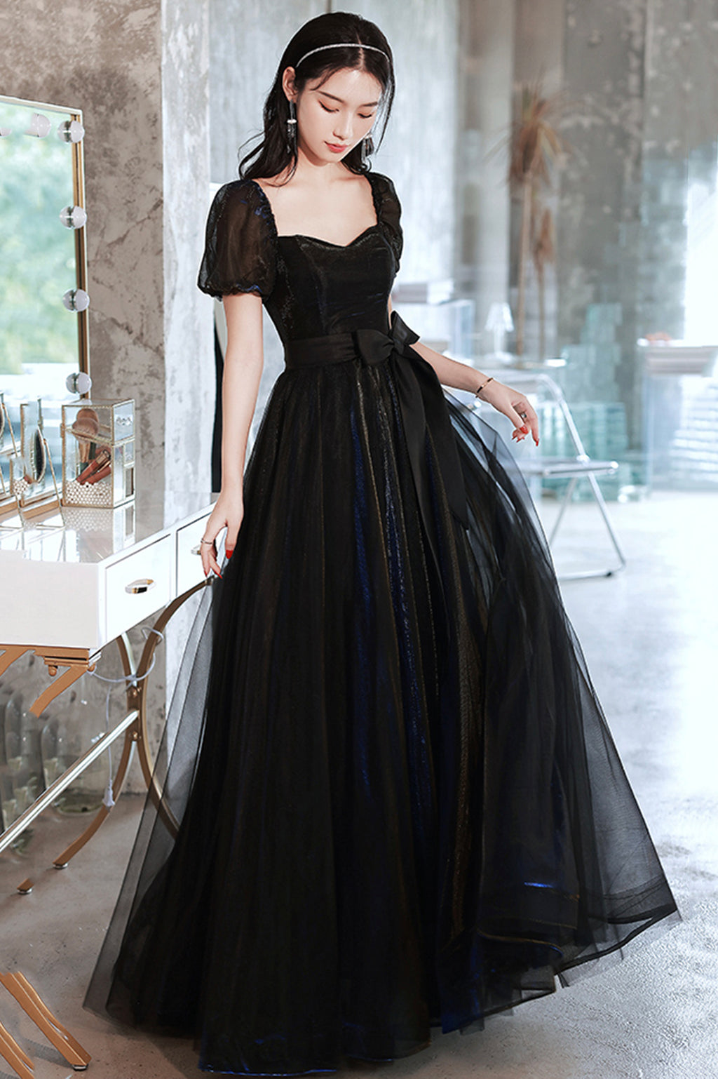 Black Tulle Long Prom Dress, Black Short Sleeve Graduation Dress Black Tulle Long Prom Dress, Black Short Sleeve Graduation Dress
