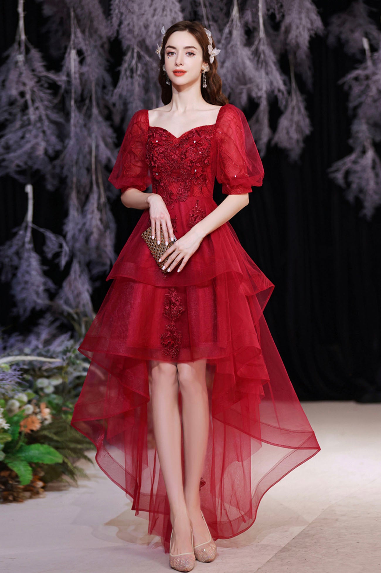 Burgundy Tulle High Low Prom Dress, Cute Short Sleeve Homecoming Party