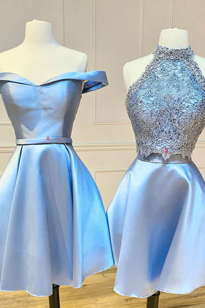Blue A-Line Satin Short Prom Dress, Cute Mini Party Homecoming Dress