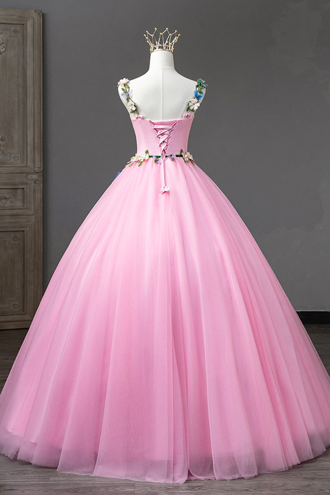 Pink Tulle Flower Long Prom Dresses, Cute Spaghetti Sweet 16 Dresses Pink Tulle Flower Long Prom Dresses, Cute Spaghetti Sweet 16 Dresses