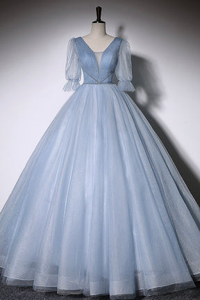 Blue V-Neck Tulle Long Prom Dress, A-Line Formal Evening Dress