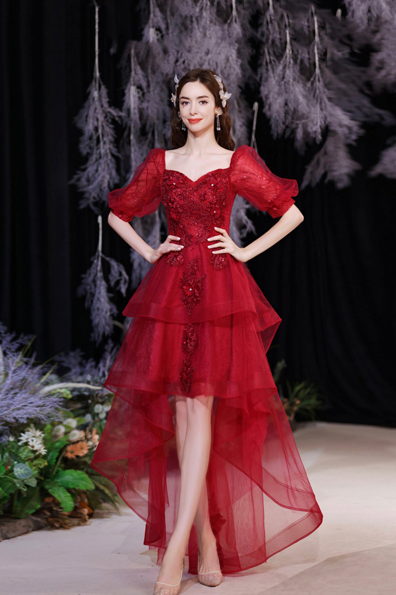 red high low dress prom Red Beads Lace Sweetheart Tulle Strapless Tiered High Low Prom Dresses, CP1107 US2 / Custom Color(leaving a note)