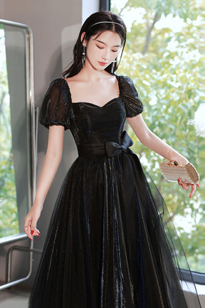 Black Tulle Long Prom Dress, Black Short Sleeve Graduation Dress