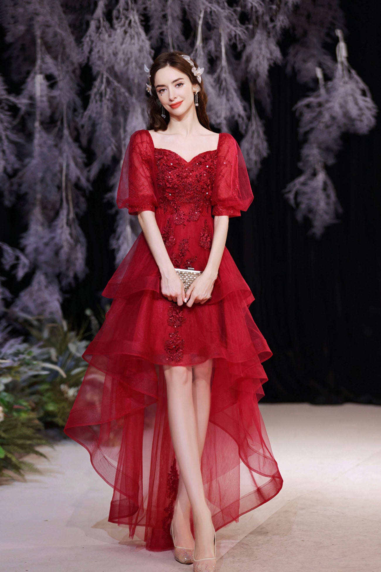 Burgundy Tulle High Low Prom Dress, Cute Short Sleeve Homecoming Party Burgundy Tulle High Low Prom Dress, Cute Short Sleeve Homecoming Party