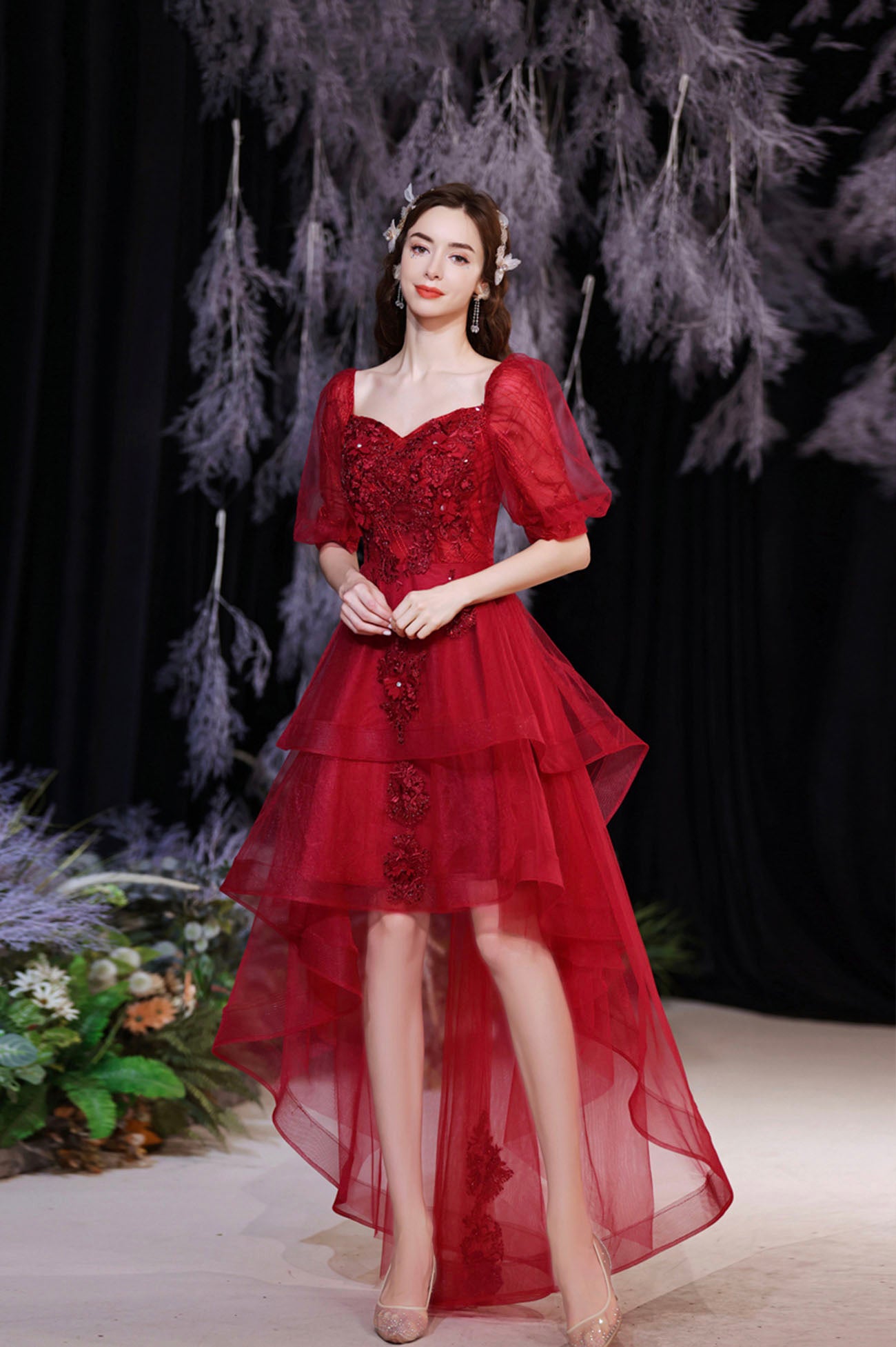 Burgundy Tulle High Low Prom Dress, Cute Short Sleeve Homecoming Party
