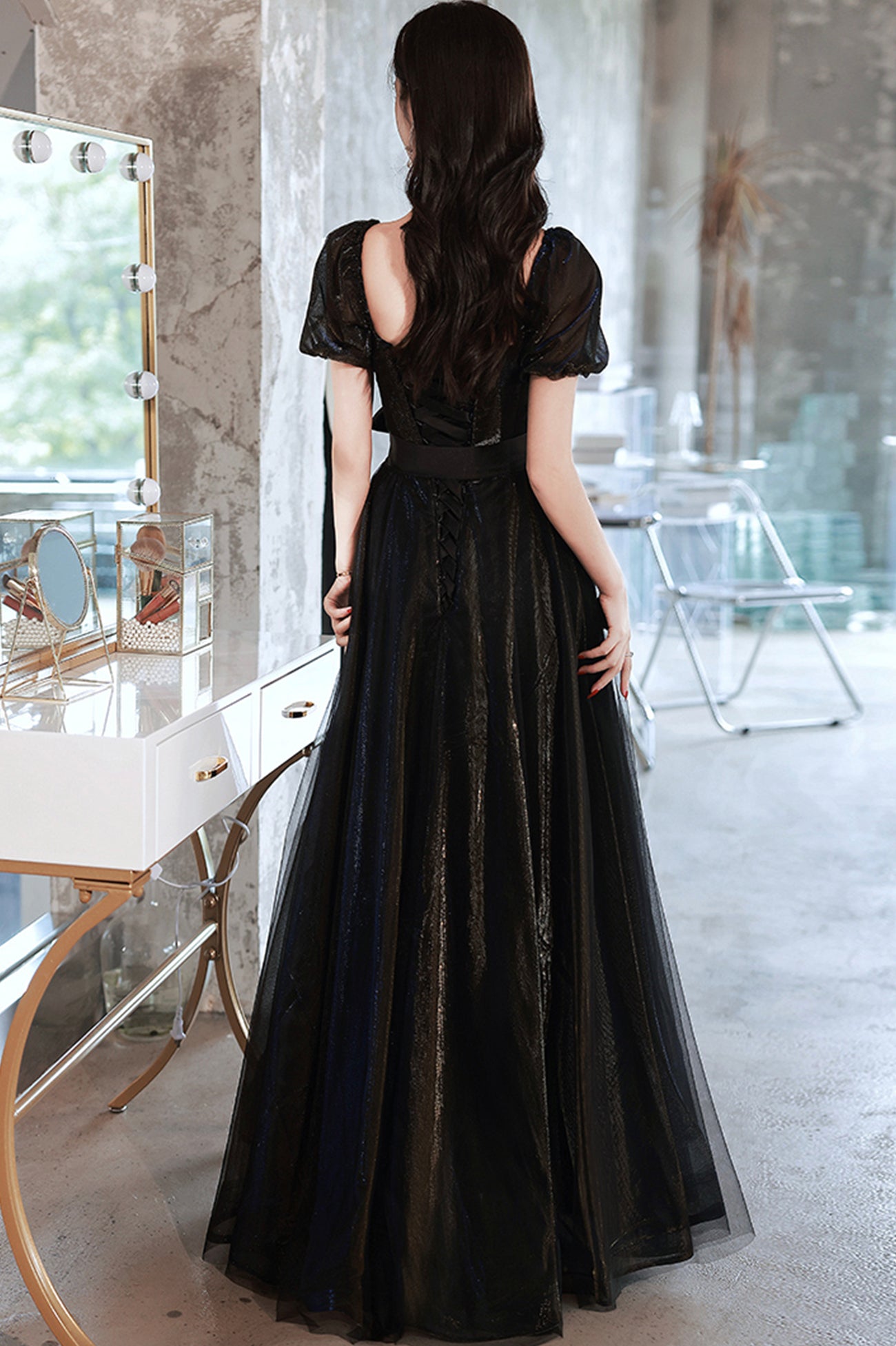 Black Tulle Long Prom Dress, Black Short Sleeve Graduation Dress Black Tulle Long Prom Dress, Black Short Sleeve Graduation Dress