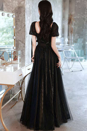 Black Tulle Long Prom Dress, Black Short Sleeve Graduation Dress