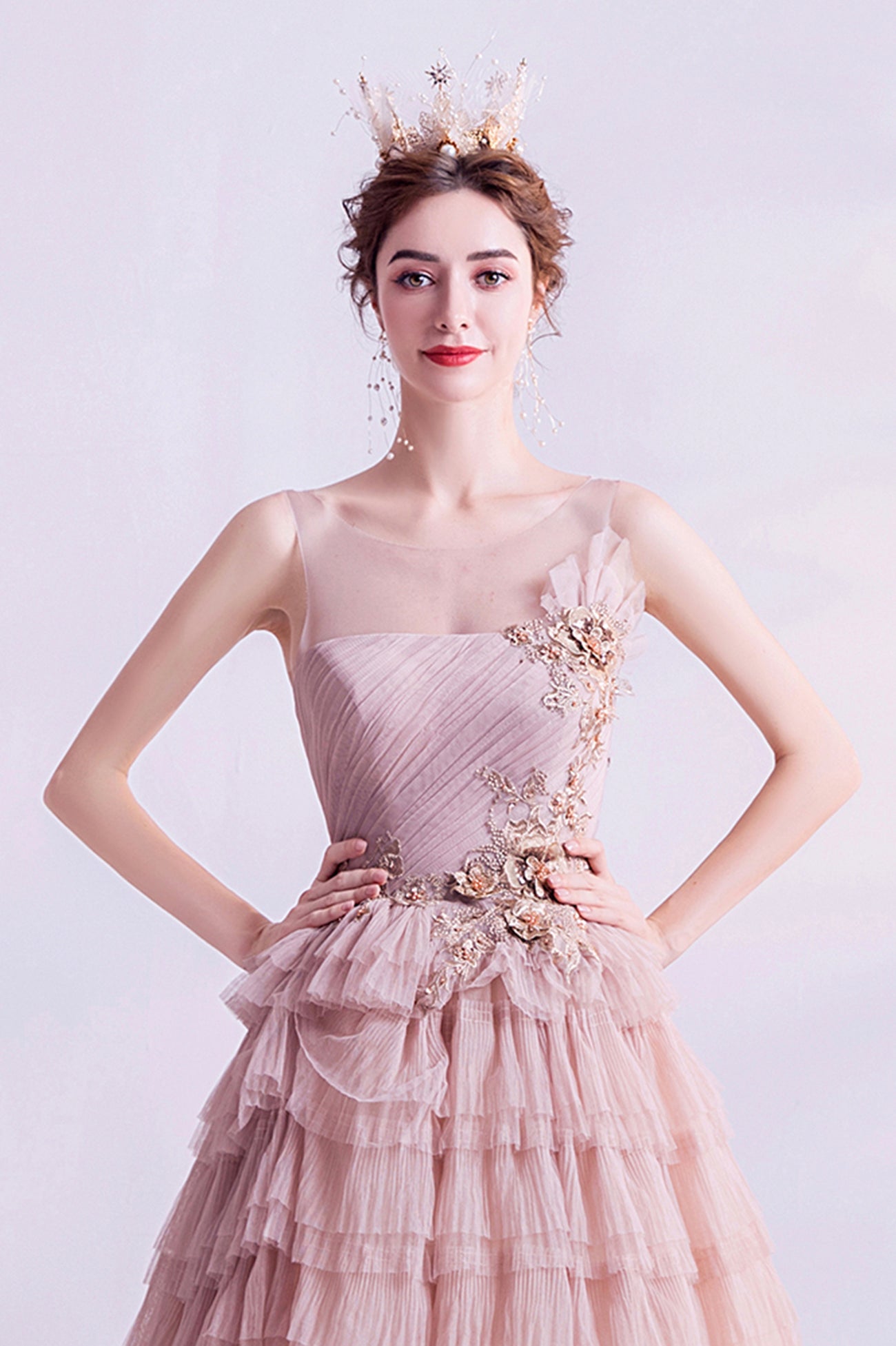 Pink Tulle Long A-Line Prom Dress, Pink Scoop Neckline Formal Evening Dress