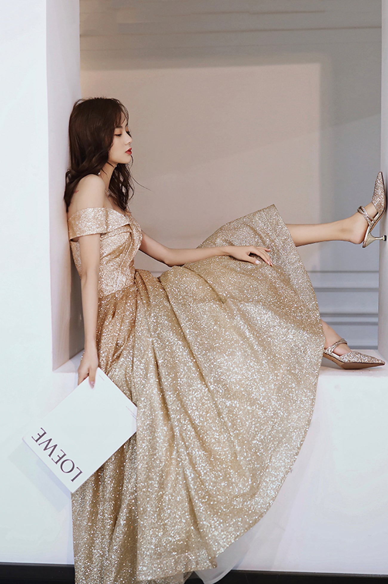 Gold Sequins Off the Shoulder Prom Dress, Shiny A-Line Evening Party D Gold Sequins Off the Shoulder Prom Dress, Shiny A-Line Evening Party D