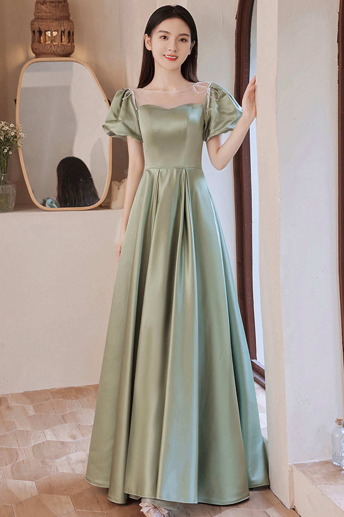 Green Satin Long A-Line Prom Dress, Cute Short Sleeve Evening Dress
