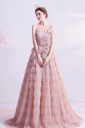 Pink Tulle Long A-Line Prom Dress, Pink Scoop Neckline Formal Evening Dress