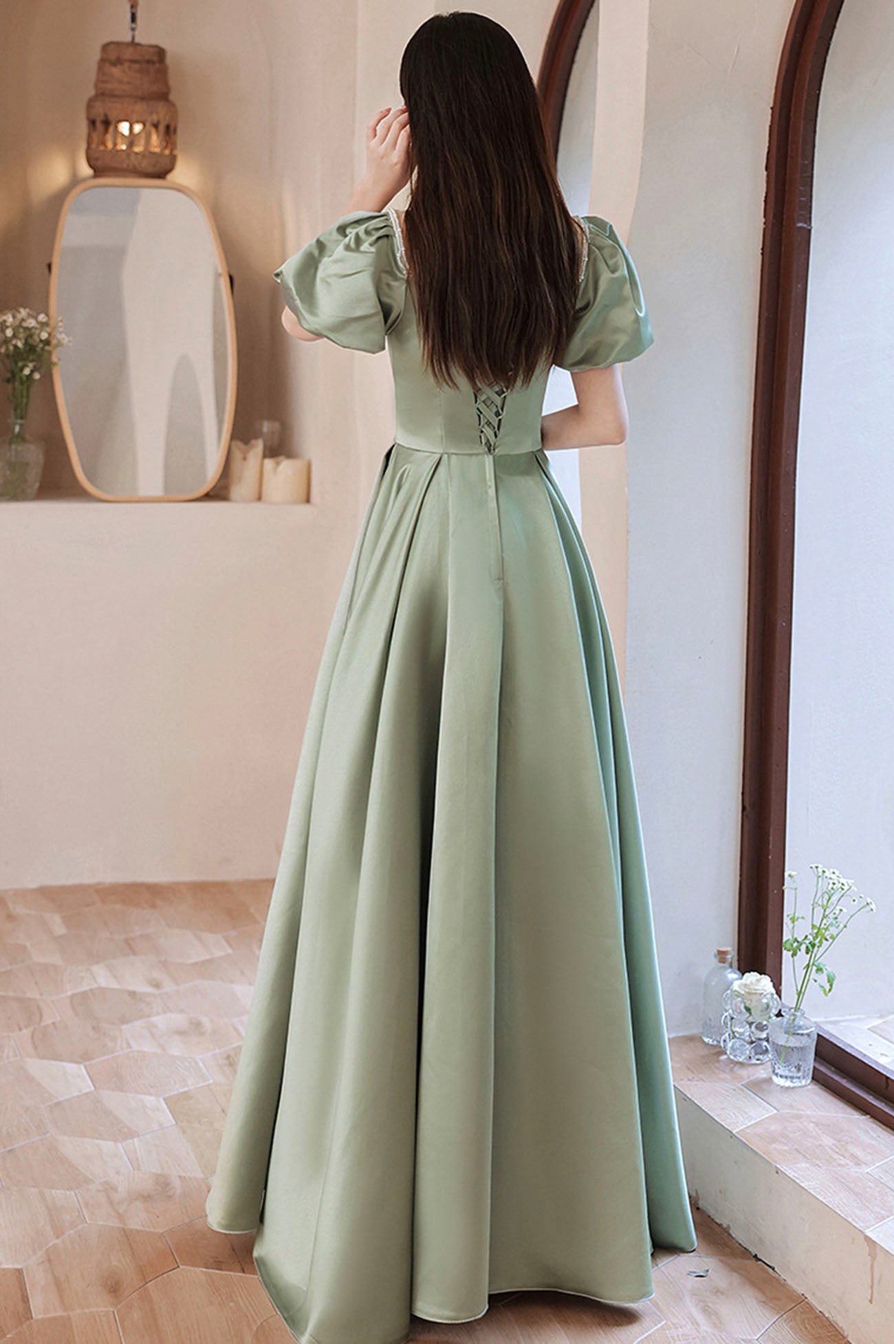 Green Satin Long A-Line Prom Dress, Cute Short Sleeve Evening Dress Green Satin Long A-Line Prom Dress, Cute Short Sleeve Evening Dress