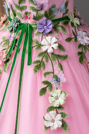 Pink Tulle Flower Long Prom Dresses, Cute Spaghetti Sweet 16 Dresses