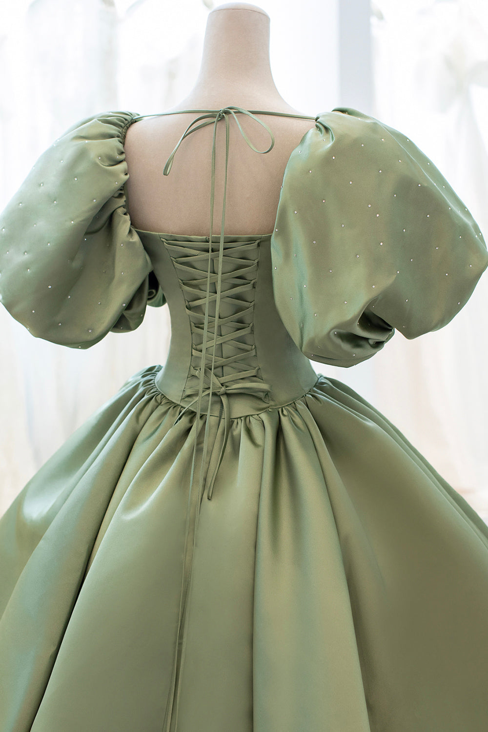 Green Satin Puff Sleeves Long Prom Dress, Green A-Line Formal Dress Green Satin Puff Sleeves Long Prom Dress, Green A-Line Formal Dress
